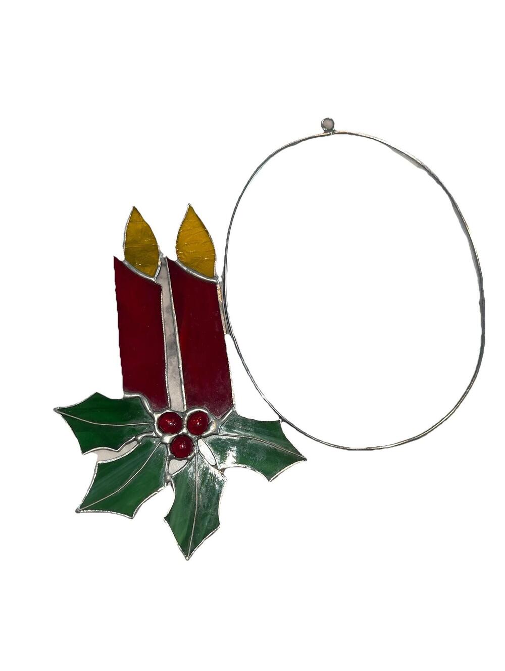 Stained Glass Sun Catcher Christmas Candle Holly 9” Leaded Vintage Handmade